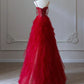 NiceVestidos – Rotes Tüllkleid mit Spaghettiträgern und Perlen, romantisches Bankettkleid mit mehrlagiger Schleppe, NV5758
