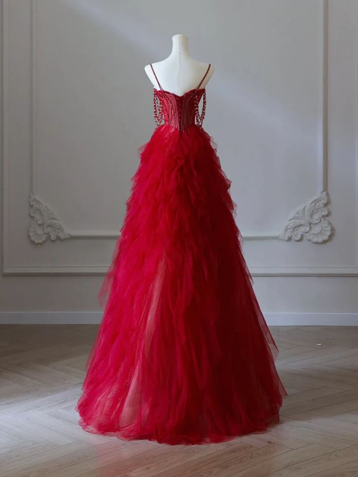 NiceVestidos – Rotes Tüllkleid mit Spaghettiträgern und Perlen, romantisches Bankettkleid mit mehrlagiger Schleppe, NV5758
