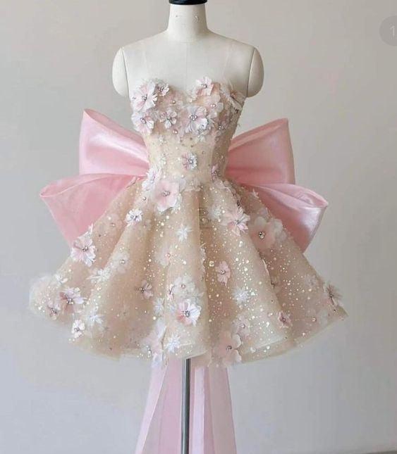 Robe de soirée courte en tulle rose, douce et délicate, ornée de perles et de paillettes scintillantes, robe de bal, robe de soirée, robe d'anniversaire, nv2797