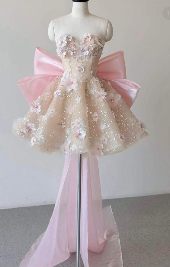 Robe de soirée courte en tulle rose, douce et délicate, ornée de perles et de paillettes scintillantes, robe de bal, robe de soirée, robe d'anniversaire, nv2797
