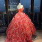 Off Shoulder Orange Red Floral Print Tulle Prom Dress Sweetheart Ruched Layered Ball Gown  NV6990
