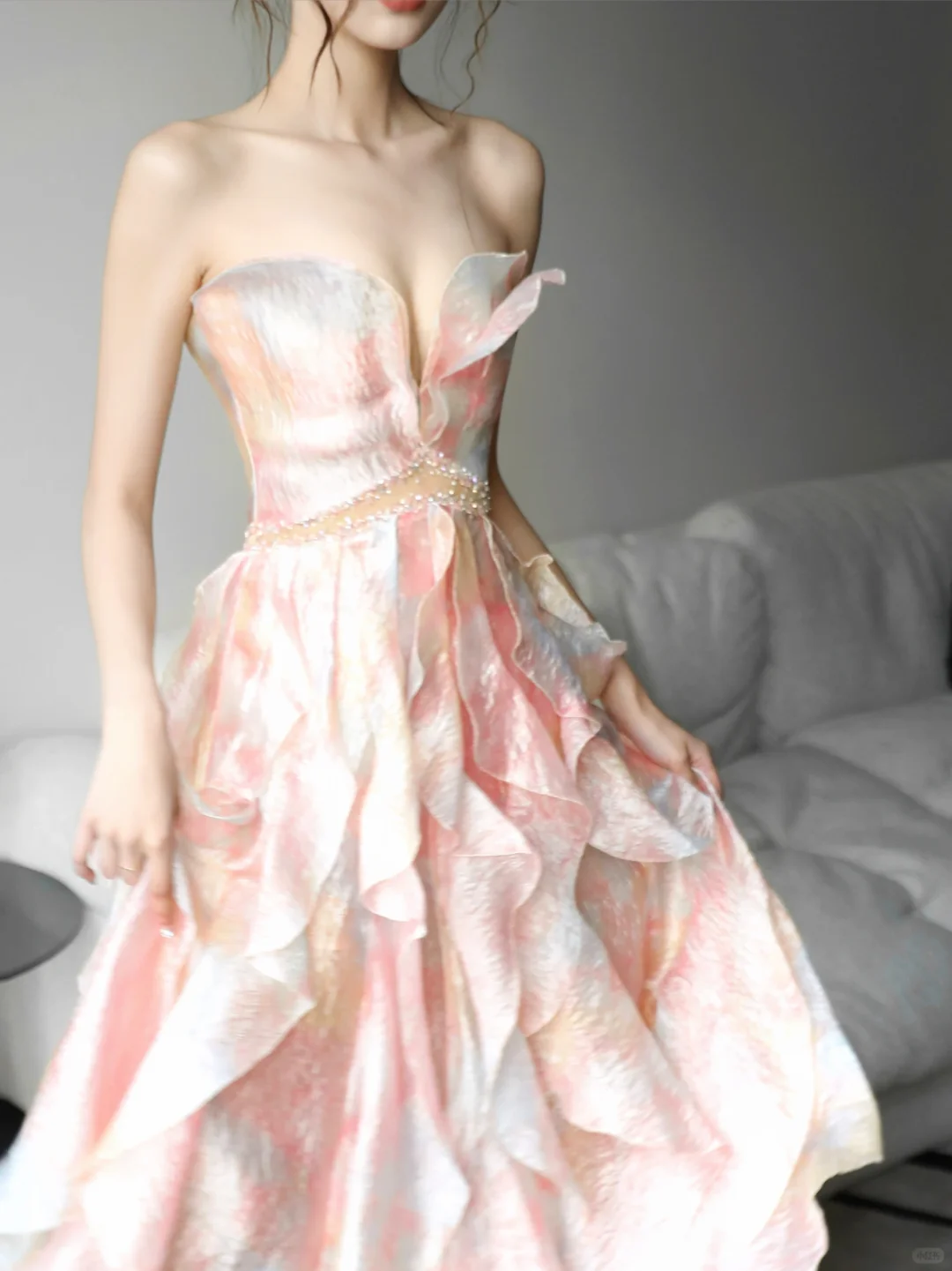 Pink Strapless Ombre Ruffle Prom Gown Watercolor Print Cutout Waist  NV7184