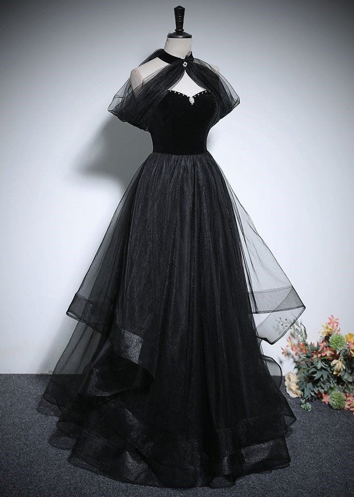 Robe de bal noire chic et magnifique en perles et strass, coupe trapèze/princesse, col haut, sans manches, dos nu, longueur au sol/longue, robe de soirée formelle, nv2643