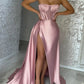 sheath trumpet strapless ruched satin long prom evening dress with slit nv1610