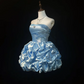 Light Blue Strapless Short Homecoming Dress Ruched Satin Puffy Ruffle Skirt Rhinestone Formal Cocktail Gown  NV6907