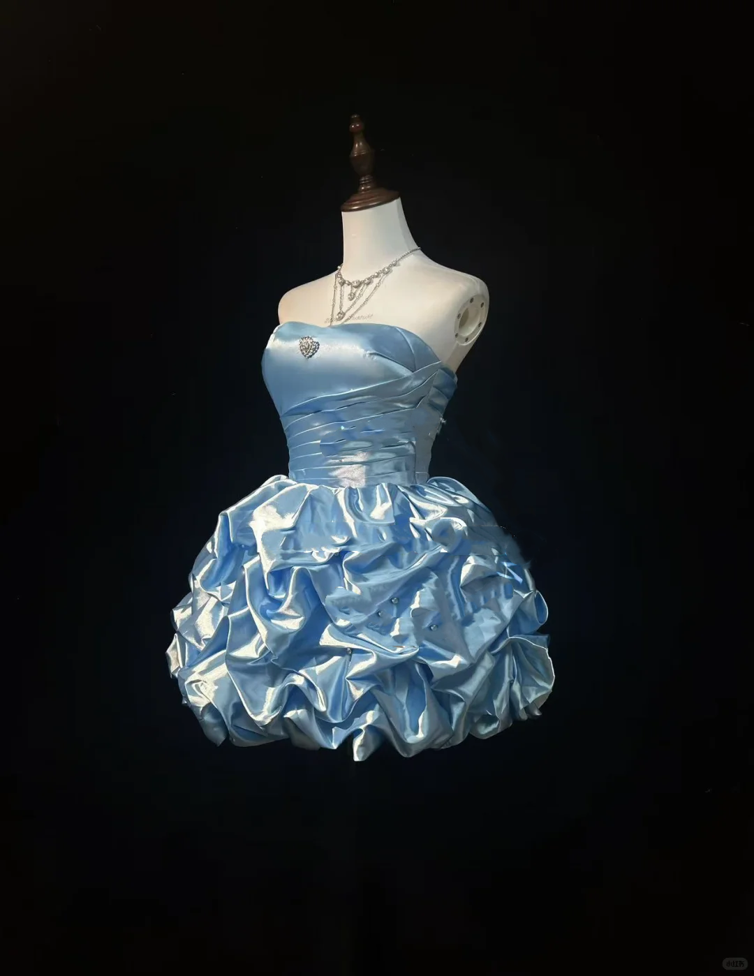 Light Blue Strapless Short Homecoming Dress Ruched Satin Puffy Ruffle Skirt Rhinestone Formal Cocktail Gown  NV6907