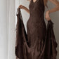 Braunes Vintage elegantes Straps-Spitzen-Spaghettiträger-langes Satin-Ballkleid-Abendkleid NV1375