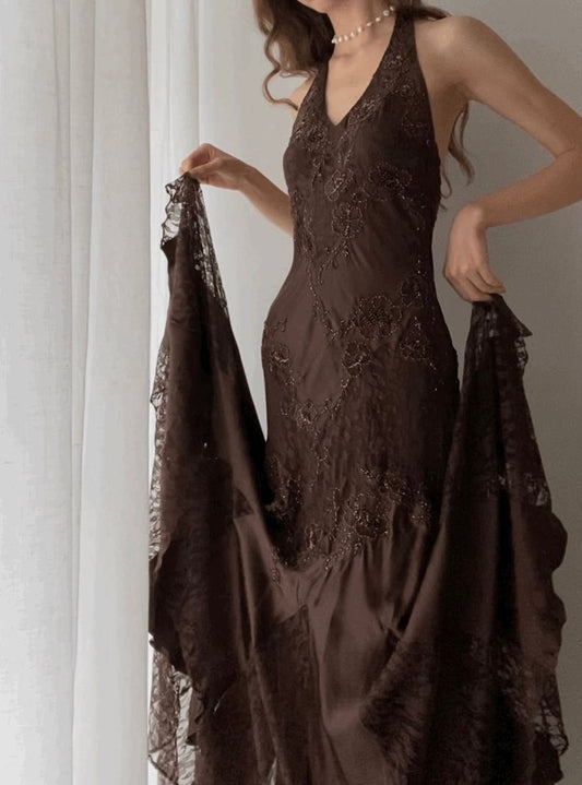 Braunes Vintage elegantes Straps-Spitzen-Spaghettiträger-langes Satin-Ballkleid-Abendkleid NV1375