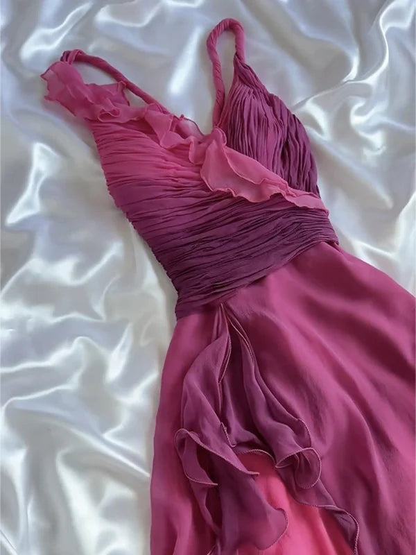 Robe de soirée mi-longue en mousseline de soie, rose et violet, à volants, bretelles spaghetti, dégradé de couleurs, robe de bal, robe de fête d'anniversaire, robe de soirée nv3882