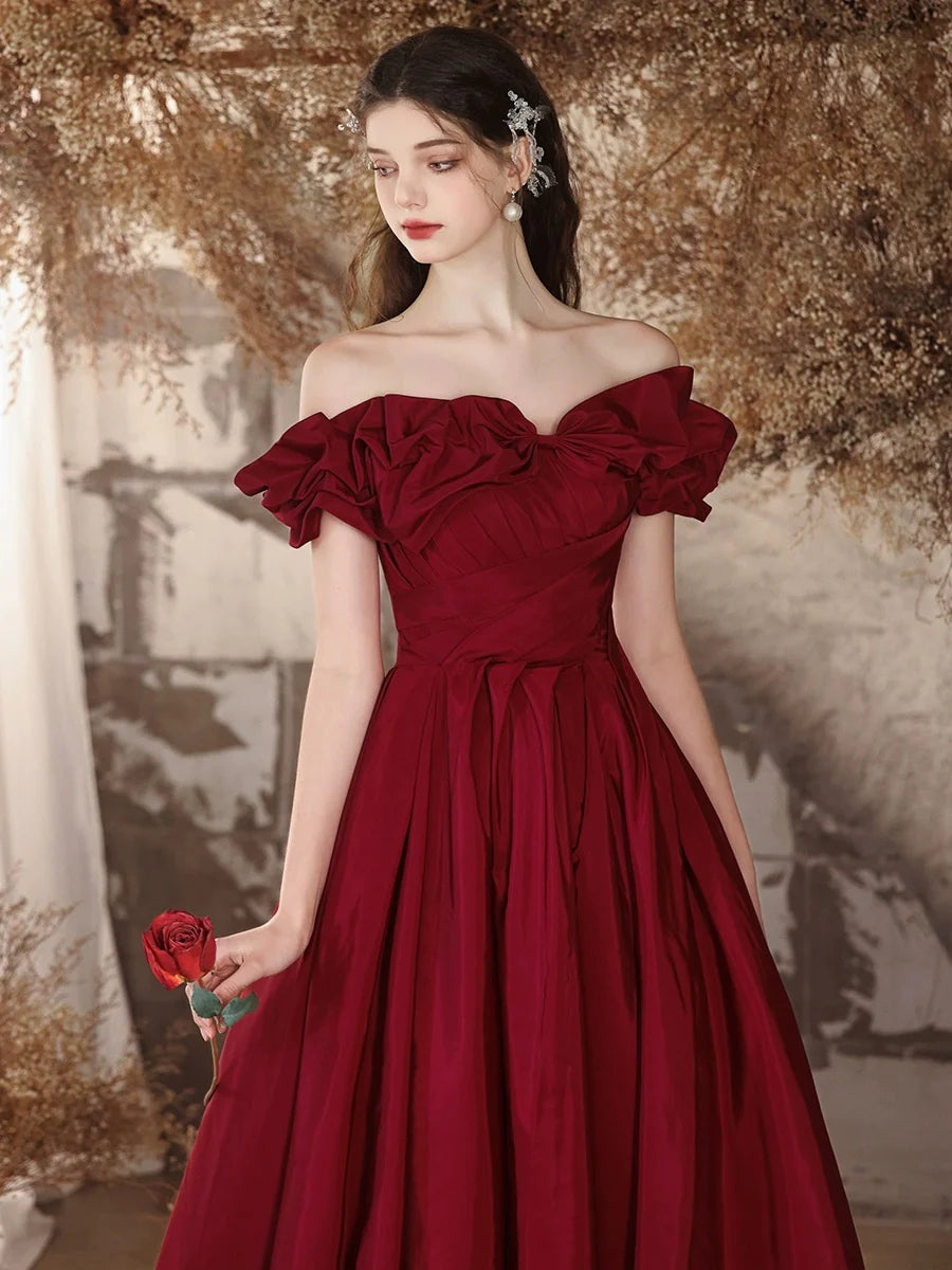 A-Linie, schulterfrei, Satin, Burgunderrot, langes Ballkleid, Burgunderrot, langes Abendkleid, nv1605