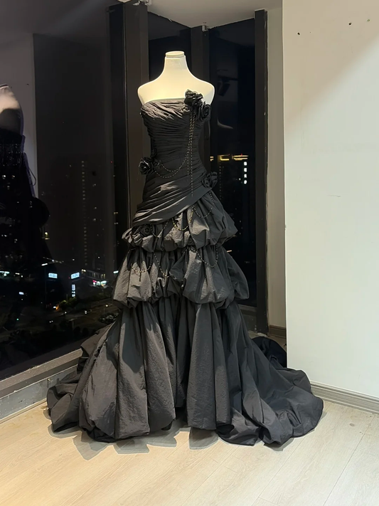 Black Strapless Vintage Formal Gown Ruched 3D Rose Bubble Tiered Long Train Evening Dress  NV6964