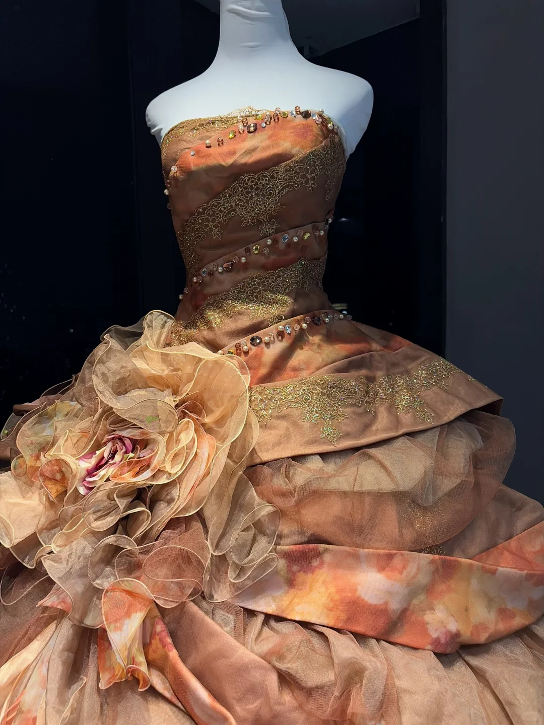 Caramel Orange Strapless Ball Gown Lace Beaded Corset Ombre Ruffle Tulle 3D Floral Prom Dress  NV6948