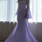 NiceVestidos - Robe de soirée extra-longue en mousseline de soie lavande, style déesse rêveuse, manches longues évasées, NV5795