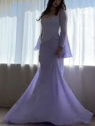 NiceVestidos - Robe de soirée extra-longue en mousseline de soie lavande, style déesse rêveuse, manches longues évasées, NV5795