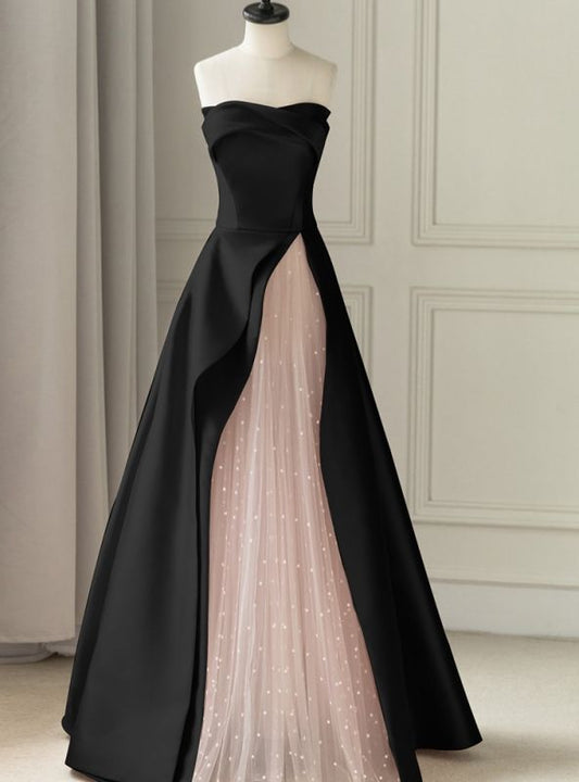 Black off-shoulder stylish elegant long satin tulle ball gown evening dress nv3183