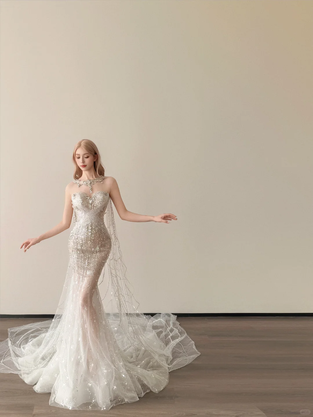 Halter Sweetheart Sheer Mermaid Wedding Dress Beaded Tassel Tulle Train  NV7141