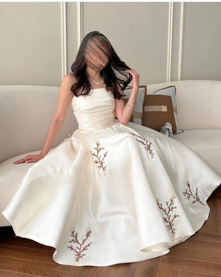 White tube top fashionable elegant satin mid-length embroidered ball gown evening dress nv3040