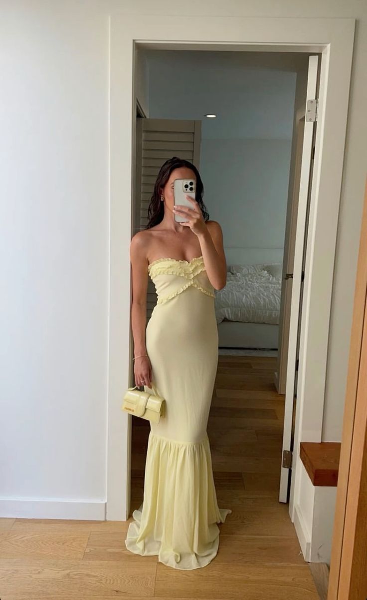 Yellow tulle tube top off-shoulder slim mermaid fishtail maxi dress long evening dress wedding guest party dress nv2730