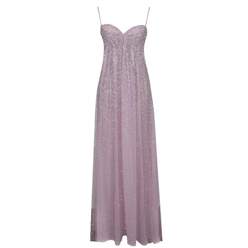 Wunderschönes, glänzendes, schulterfreies, langes Chiffon-Ballkleid mit Spaghettiträgern in Rosa, NV5213