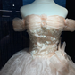 Off Shoulder Light Pink Princess Prom Dress Puff Sleeve Lace Tiered Tulle Ball Gown With Big Bow  NV6987