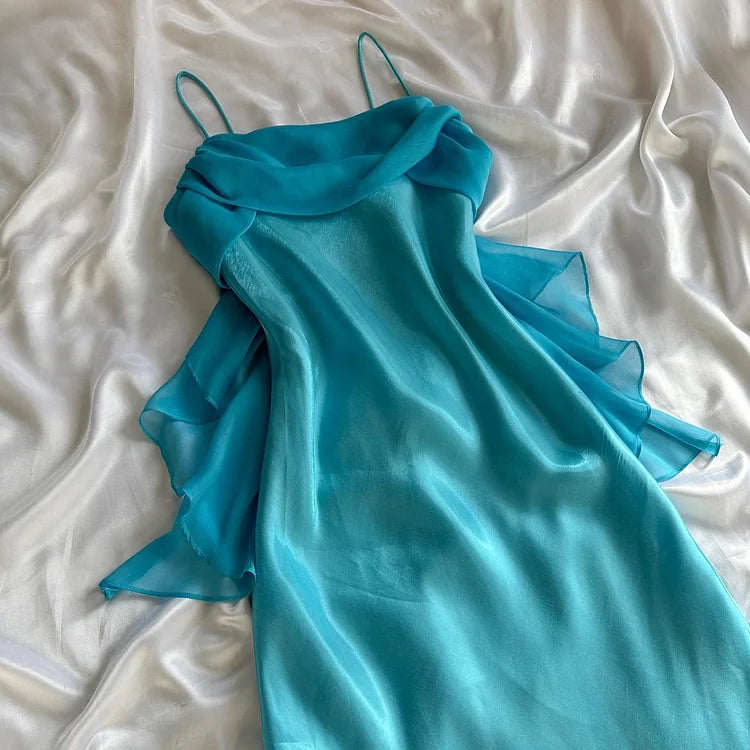 Robe de soirée élégante en mousseline de soie, longue, bretelles spaghetti, bleue, mode, robe de bal, robe de soirée, nv3683