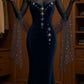 Robe de soirée longue en tulle et velours bleu marine brillant et perlé nv5122