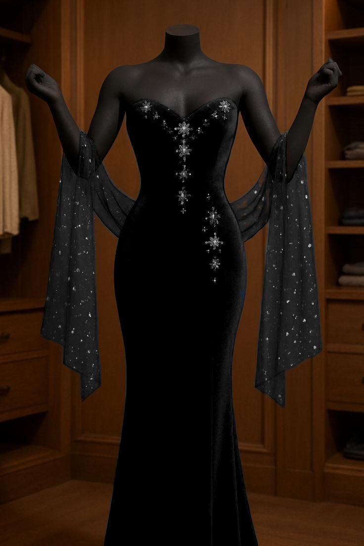 Robe de soirée longue en tulle et velours bleu marine brillant et perlé nv5122