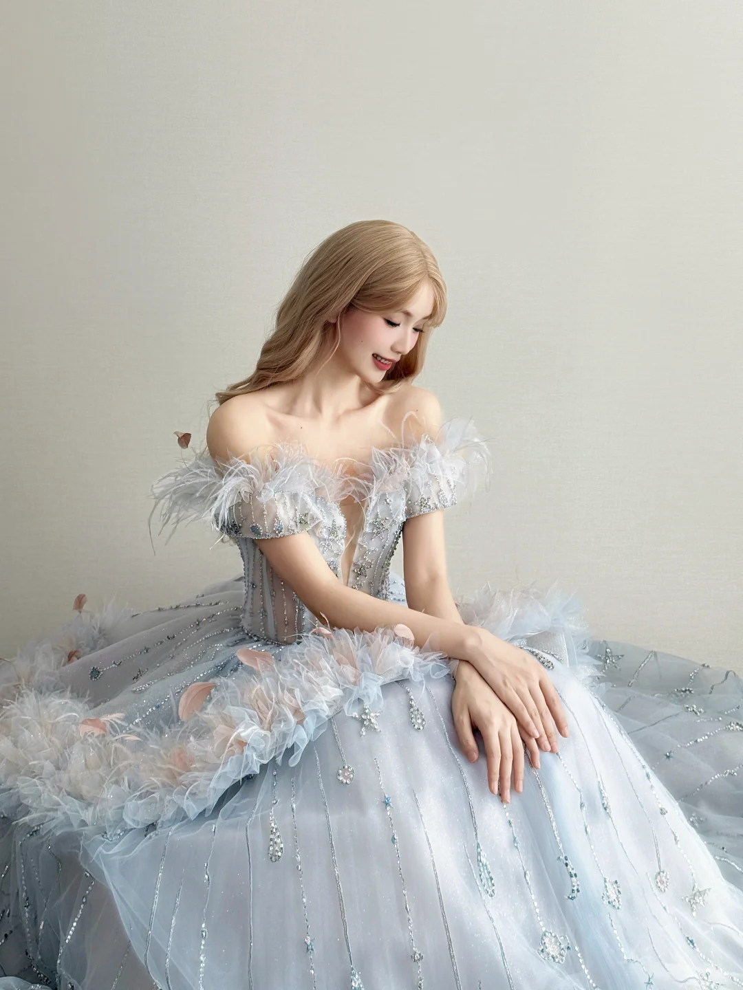 Light Ice Blue Feather Off Shoulder Prom Gown Star Moon Rhinestone Tulle Formal Dress  NV7165