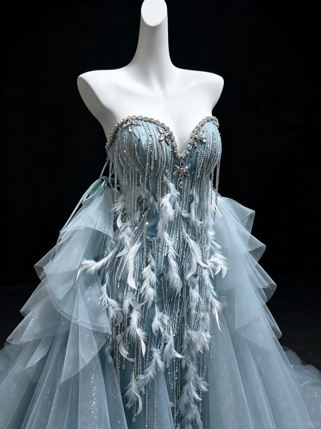 Dusty Blue Strapless Formal Gown Beaded Rhinestone Feather Detachable Tulle Train Evening Dress  NV6970