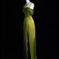 Green Soft Satin One Shoulder Vintage A-Line Long Slit Prom Dress Party Dress nv3366