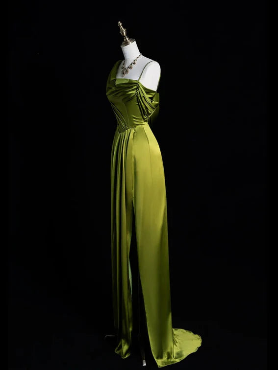 Green Soft Satin One Shoulder Vintage A-Line Long Slit Prom Dress Party Dress nv3366