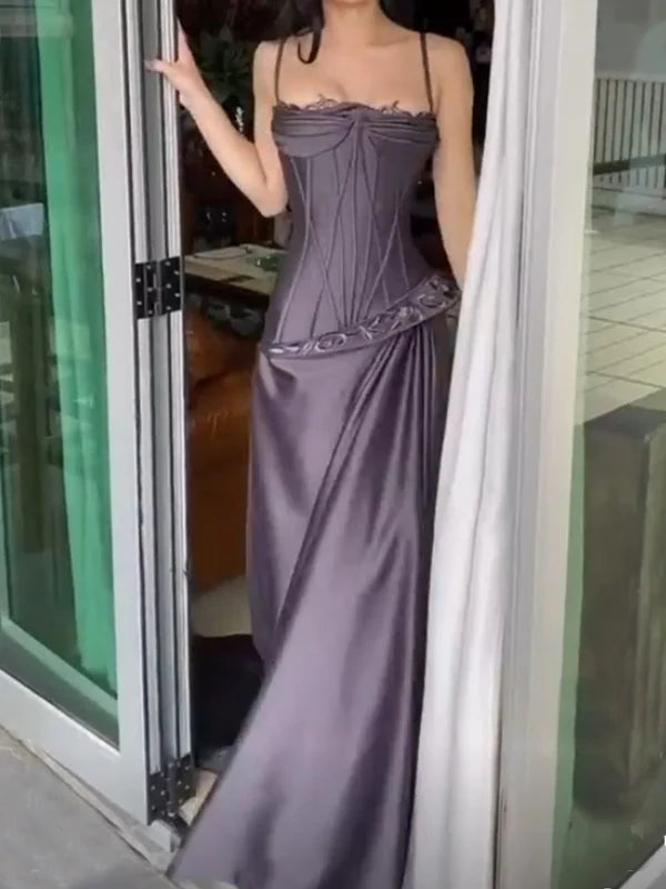 Grau Lila Vintage Mode Spaghettiträger Ärmellos Meerjungfrau Langes Satin Abendkleid Ballkleid nv3807
