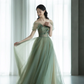 Green elegant A-line off-shoulder long tulle ball gown evening dress graduation dress coming of age ceremony dress nv1413