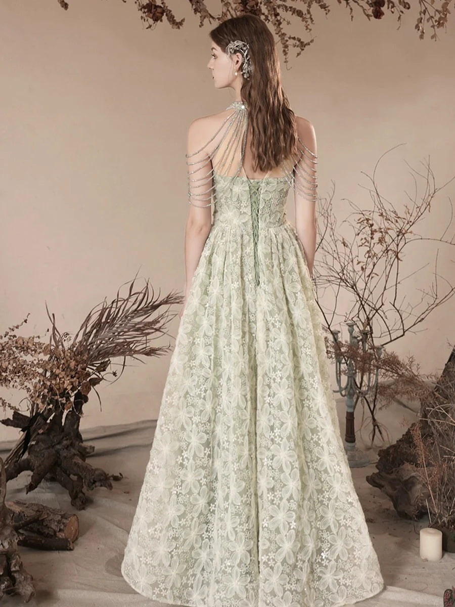Jolie robe de bal verte en tulle à fleurs, longueur au sol, belle robe de soirée trapèze dos nu nv1414