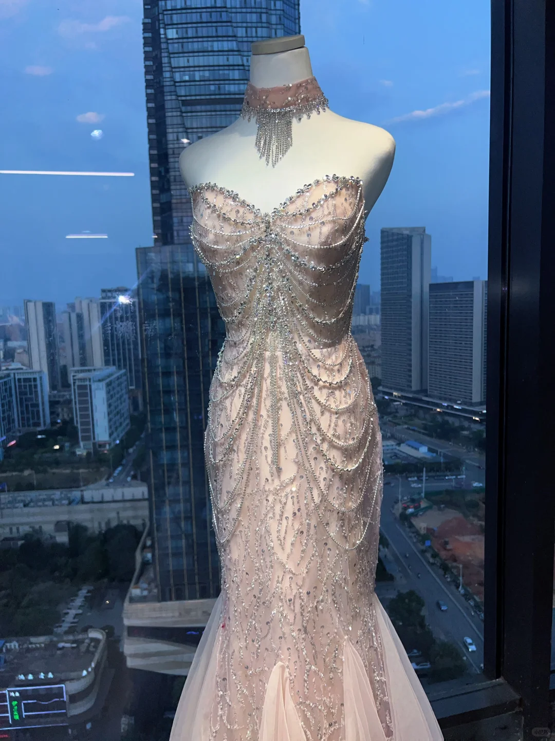 Strapless Nude Pink Mermaid Prom Dress Full Body Rhinestone Chain Beading Flowy Tulle Evening Gown  NV6984
