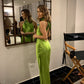 Robe de soirée longue en satin à bretelles élégantes et vertes nv3667