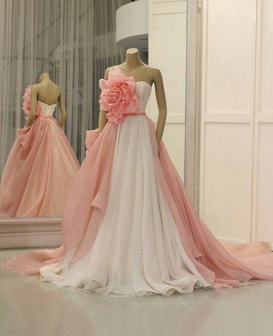 Fairy-Sweet Contrast Color Style Gown | Pink-White Gradient 3D Flower Ballgown Train Maxi Dress for Engagement Outdoor Party Luxury Social Event NV6285