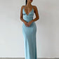 Blue spaghetti straps stylish simple long satin ball gown evening dress nv3219