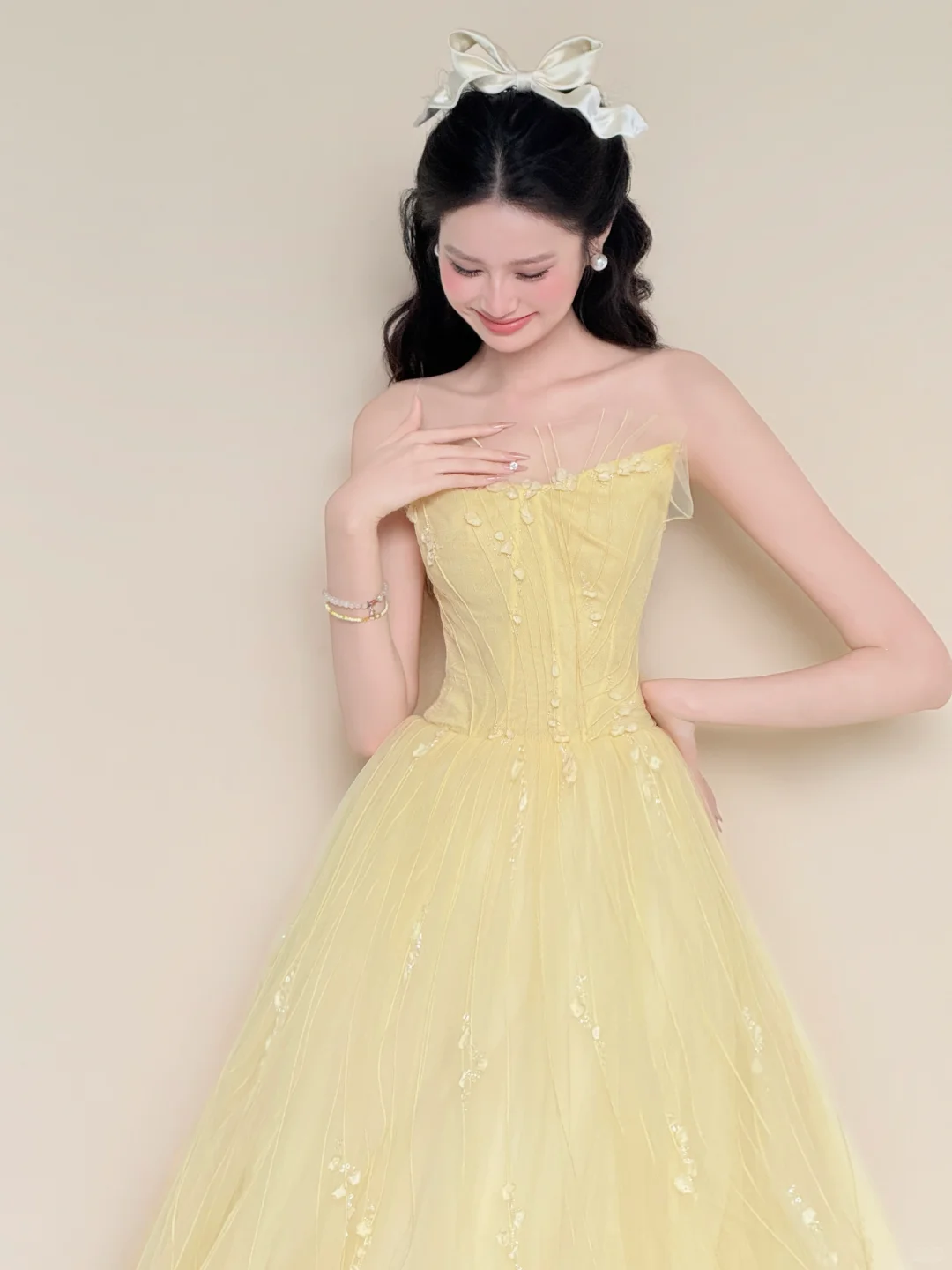 Off Shoulder Pale Yellow Pearl Floral Tulle Evening Ball Gown  NV7430