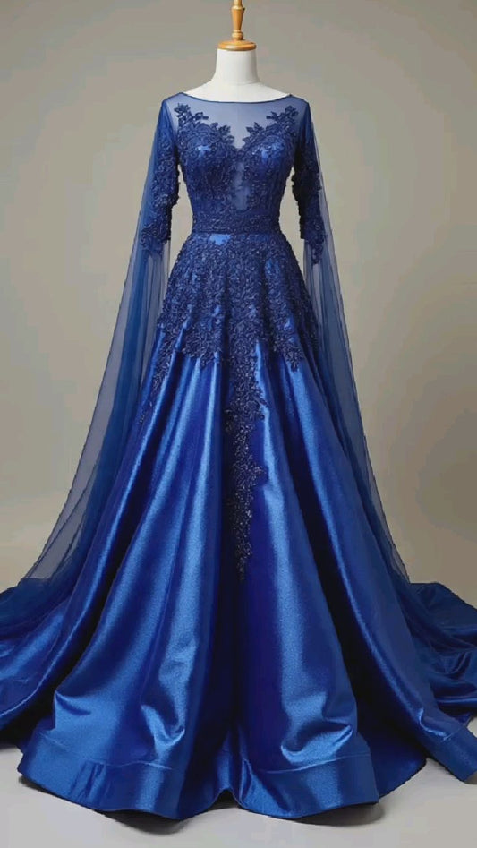 Königsblaues, transparentes Spitzenkleid mit Ärmeln: Aufwendige Stickerei, Schleppe, luxuriöses Abend-Maxikleid NV6425