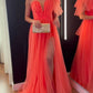 Red simple chiffon elegant small low neck one shoulder off shoulder long slit ball gown evening dress party dress nv2485