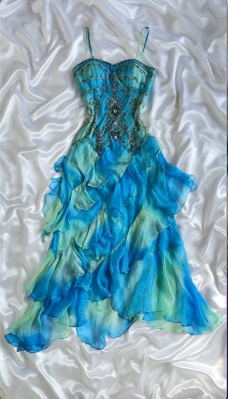 Robe de soirée courte en mousseline de soie, dégradé bleu brillant, magnifique, style rétro, perles de pierres précieuses exquises, longueur cheville, à volants, NV5709