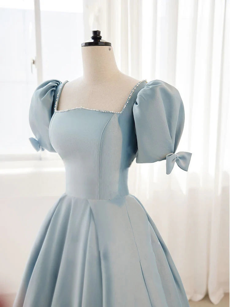 A-Linien-Ballkleid aus blauem Satin mit Puffärmeln und langem Ärmel, Abendkleider in Blau nv1726