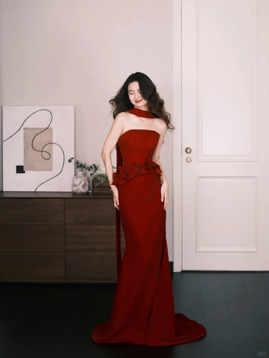 Burgundy Strapless Satin Mermaid Evening Dress  NV7318