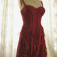 Robe de soirée courte rouge en dentelle à fines bretelles et décolleté en cœur, robe de bal, robe de fête d'anniversaire, nv3881