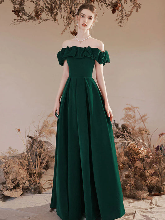 A-Linie, schulterfrei, langes grünes Samt-Ballkleid, grünes formelles Abendkleid nv1735