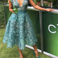Blaue Spitze Sexy Tiefem V-Ausschnitt Midi/Kurzes Homecoming-Kleid Ballkleid Abendkleid Partykleid nv1128
