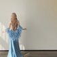 Dusty Blue Strapless Satin Evening Dress With Detachable Feather Sleeves & Rhinestones  NV7143