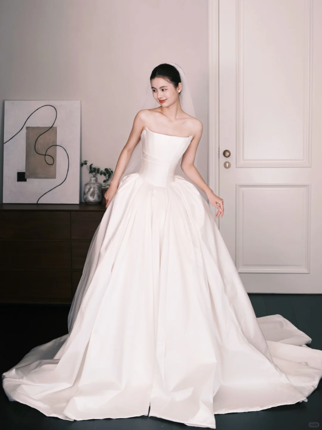 Strapless Satin Wedding Gown, Minimalist A Line Bridal Dress with Long Train  NV7348