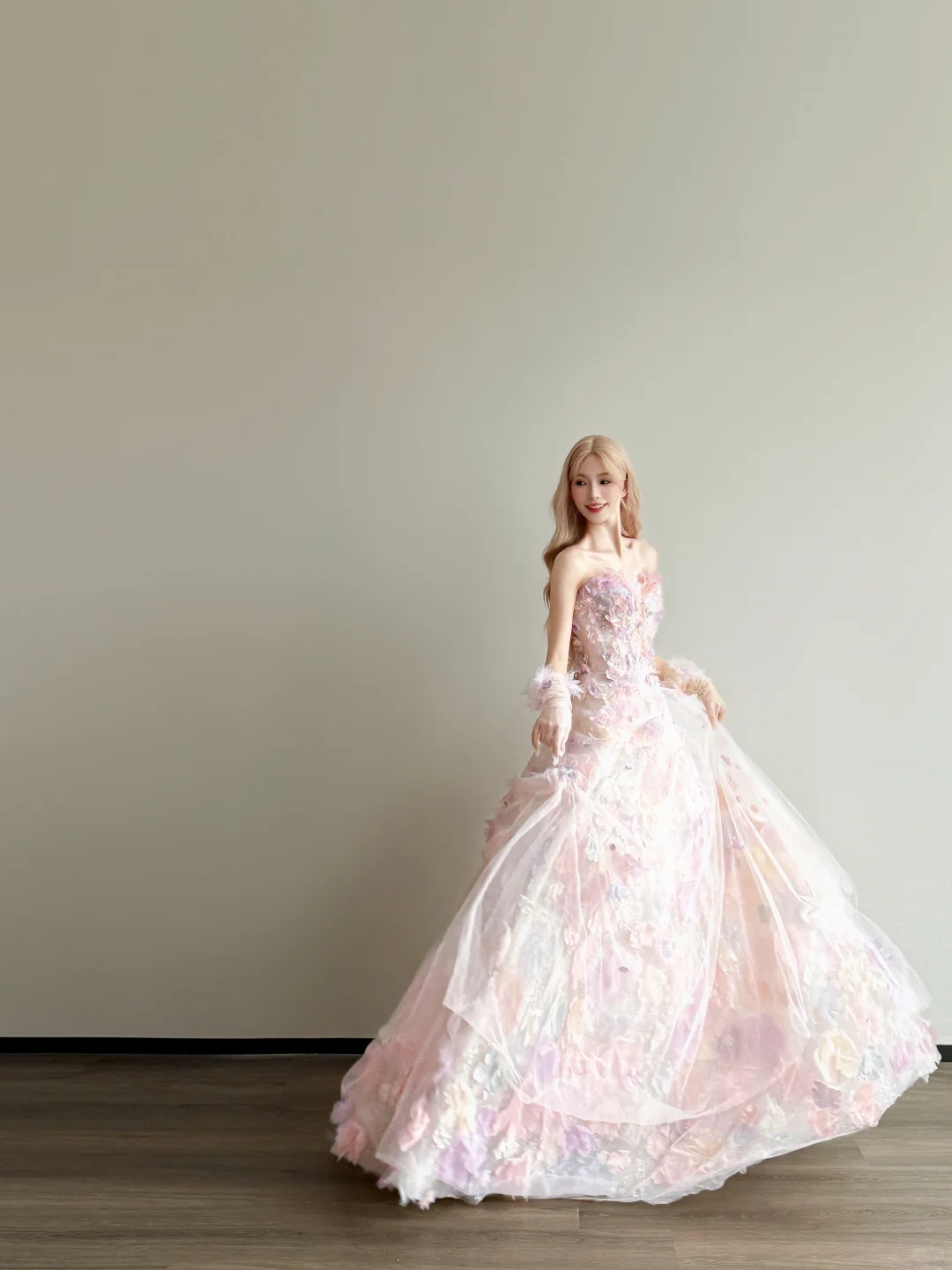 Pink Ombre 3D Floral Strapless Prom Gown Tulle Formal Dress with Gloves  NV7167